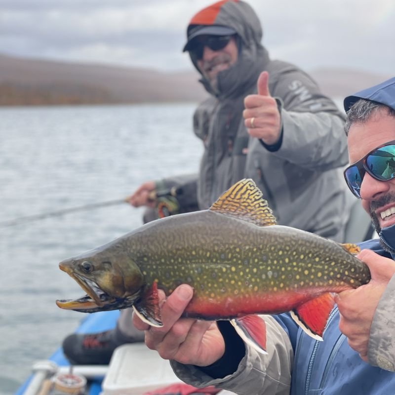 Two anglers holding a brook trout