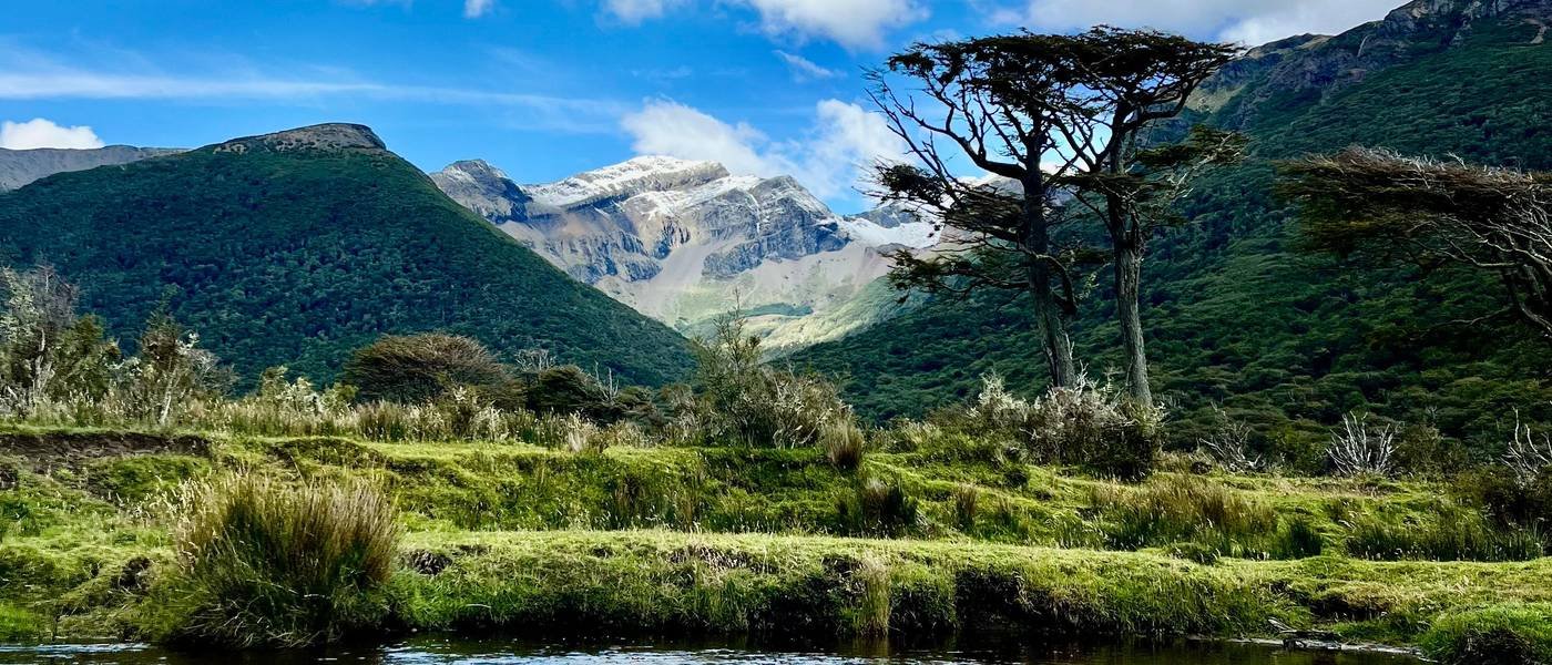 Green valley and snowy peaks above a Patagonian river